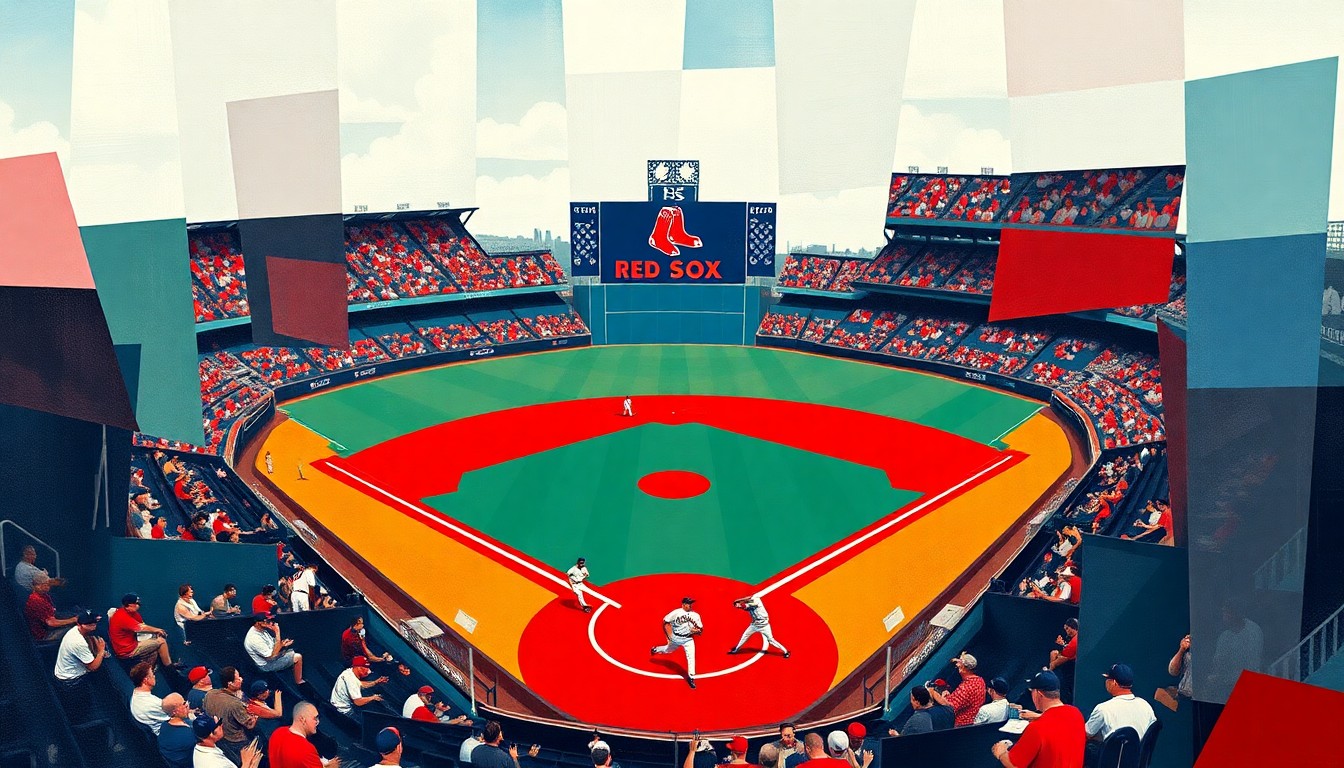A fractured, cubist-style painting depicting a baseball diamond and players in sharp, overlapping geometric shapes in the Red Sox's team colors of crimson, navy, and white, conveying the disjointed nature of the team's offseason additions failing to join the squad.
