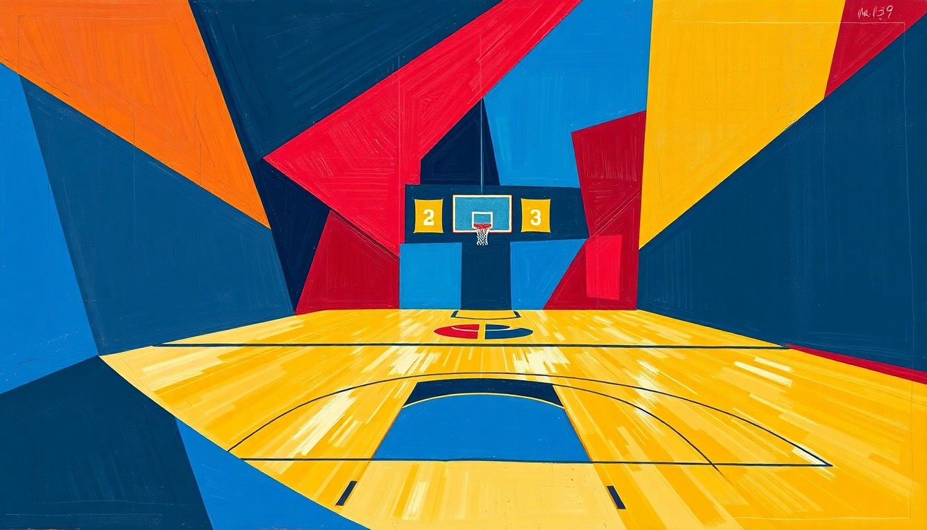A fragmented, geometric painting depicting the action and intensity of a college basketball game, with sharp planes of navy, crimson, and gold representing the players and court.