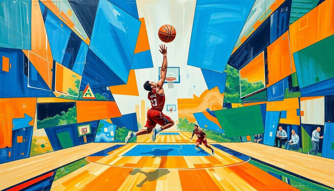 A fractured, cubist-style painting depicting the various stages of Yaxel Lendeborg's basketball journey, with sharp geometric shapes and planes in vibrant colors representing his progression from obscurity to national prominence.