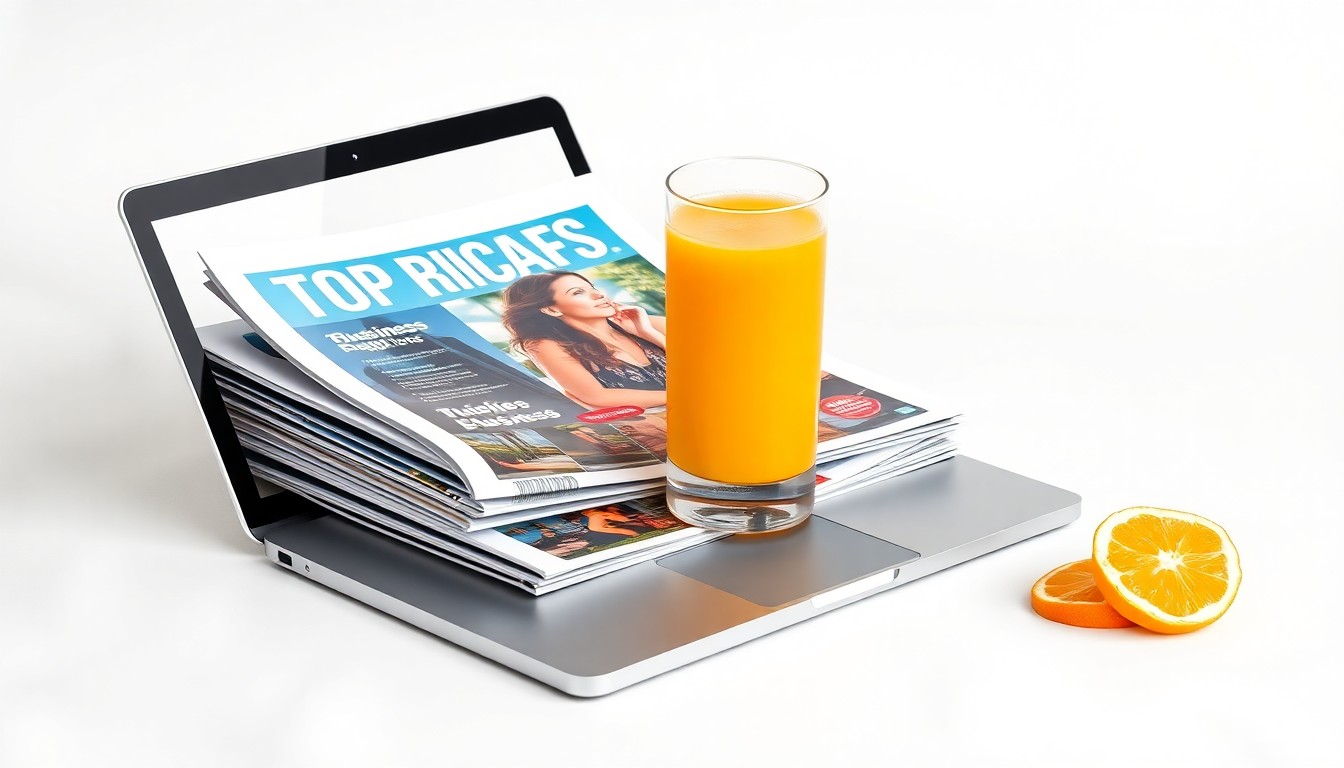 A minimalist studio still life featuring a stack of business magazines, a laptop, and a glass of orange juice, symbolizing the prestige and positive workplace culture of Florida's top employers.