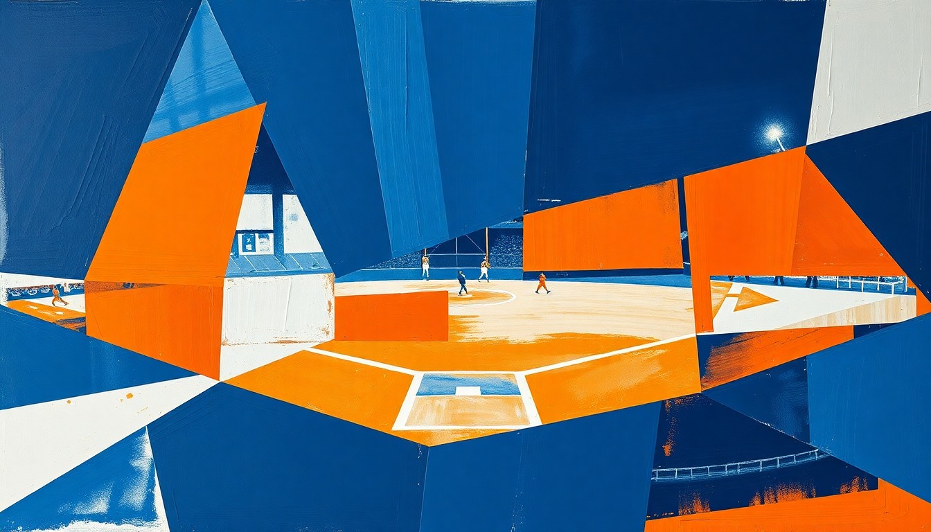 A fragmented, geometric painting depicting the dynamic action of a softball game, with sharp planes of navy, orange, and white intersecting to create a sense of motion and energy.