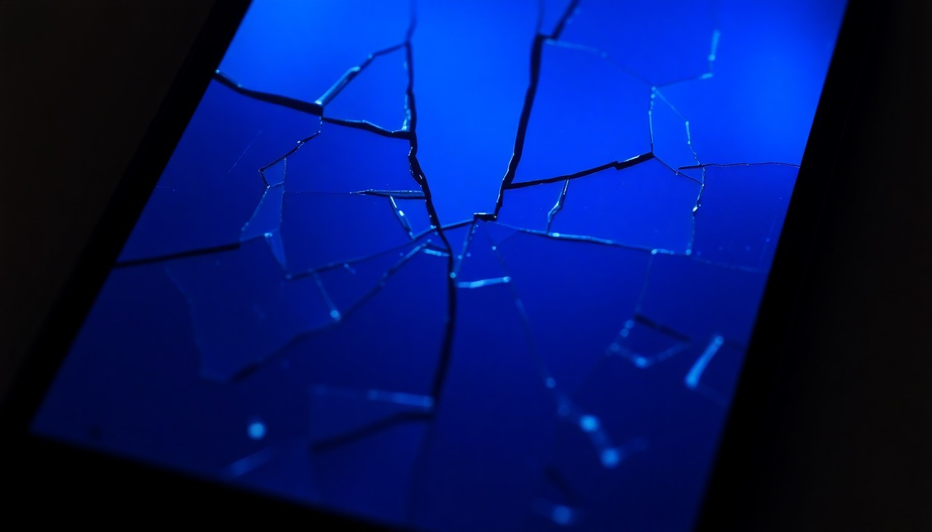 An extreme close-up photograph of a broken, cracked smartphone screen reflecting a faint blue light, conceptually representing the digital evidence of child exploitation crimes.