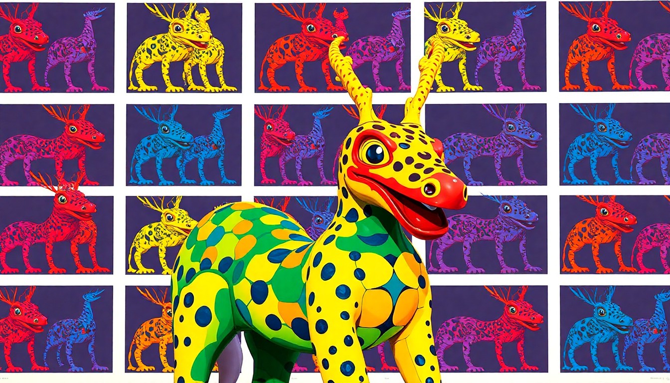 A bold, graphic illustration of a colorful, abstract Alebrije sculpture repeated in a tight grid, capturing the playful and vibrant nature of the public art piece.