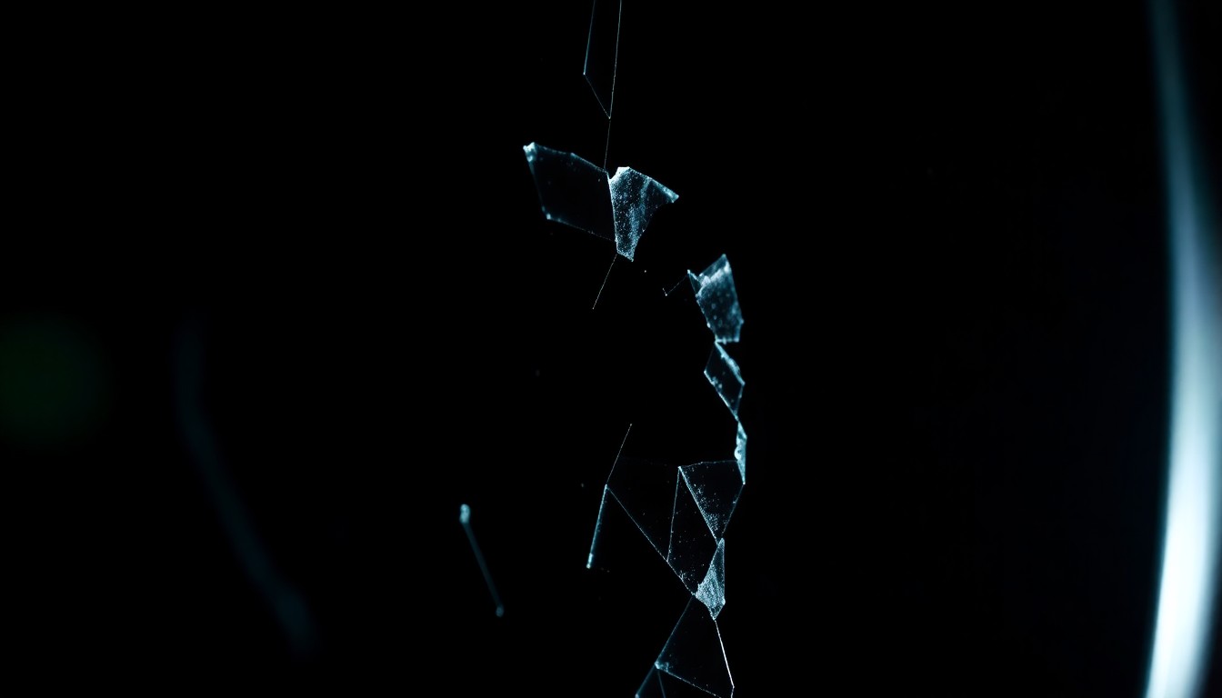 An extreme close-up photograph of a shattered car sensor lens reflecting a faint red light, conceptually illustrating the vandalism of autonomous vehicles.