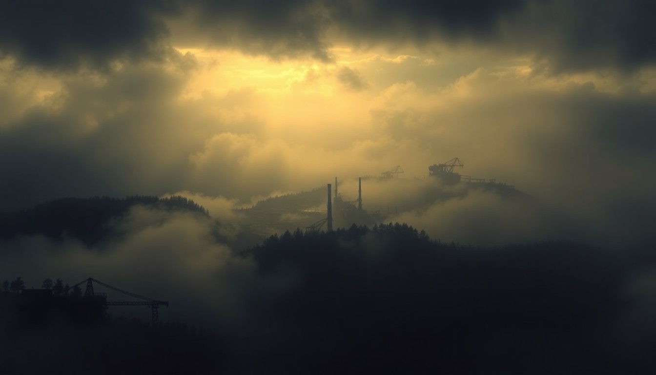 A vast, atmospheric landscape painting in muted tones of gray and blue, with the distant silhouettes of industrial facilities barely visible through a heavy, obscuring fog that dominates the scene, conveying a sense of mystery and the overwhelming power of nature.