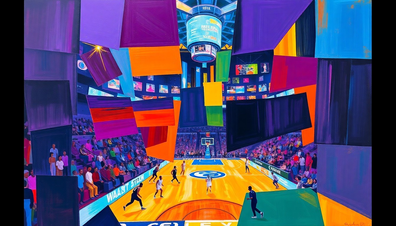 A cubist, geometric painting depicting a fragmented, multi-angled view of a basketball arena or game, with sharp planes of deep purple, electric blue, and fiery orange hues creating a dynamic, energetic composition.