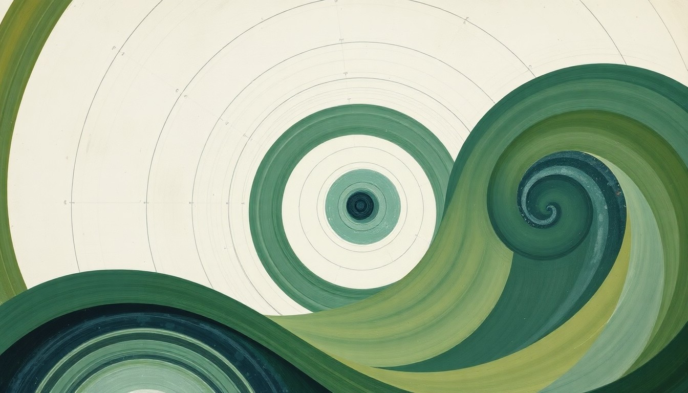 A highly structured abstract painting in soft, earthy tones of green, blue, and gray, featuring sweeping geometric arcs, concentric circles, and precise spirals, conceptually representing the structural order and power of offshore wind energy.