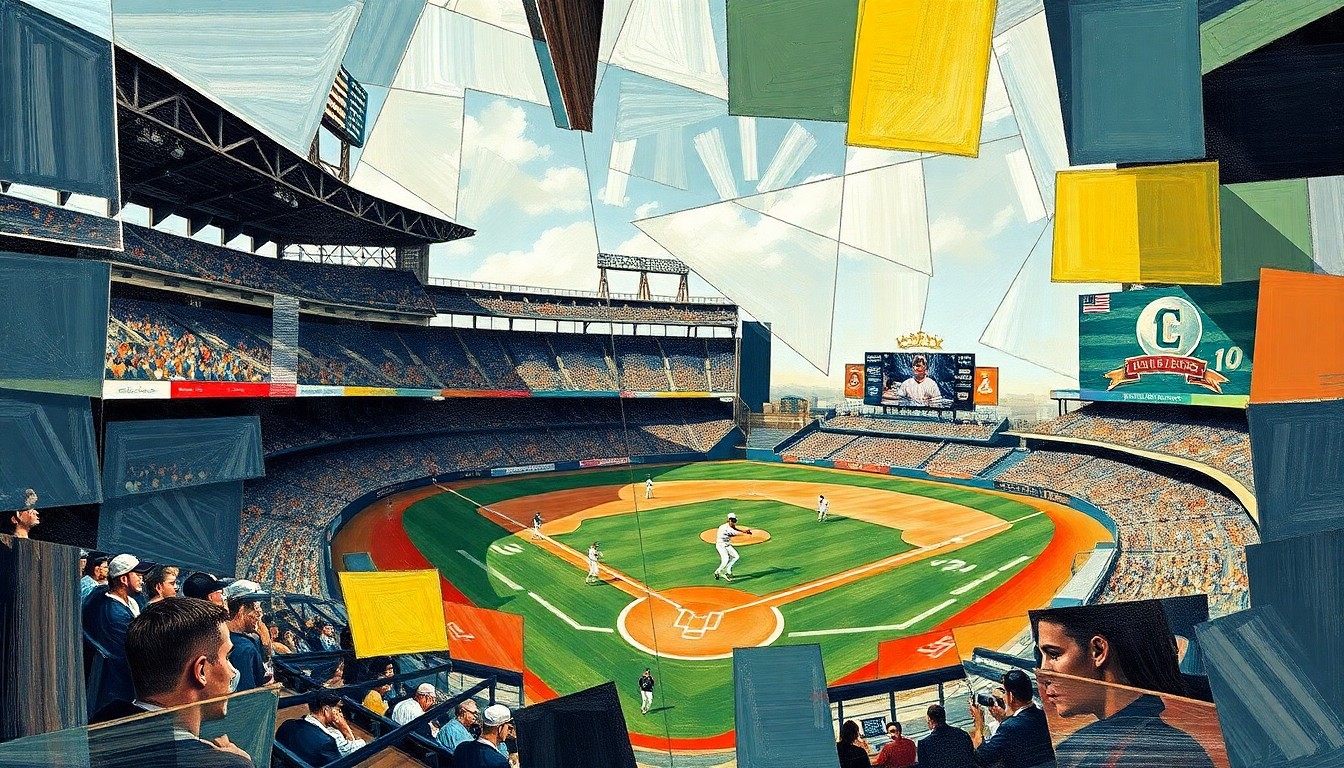 A fragmented, geometric painting in the style of Pablo Picasso, depicting a baseball game or match broken down into sharp, overlapping planes of color and shape, conveying the tension and high stakes of the Red Sox's early-season struggles.
