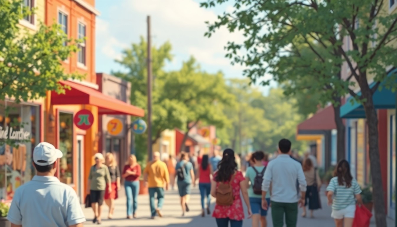 An abstract, impressionistic scene of a vibrant neighborhood street, with blurred figures walking past colorful storefronts and trees, conveying a sense of energy and anticipation for the future.