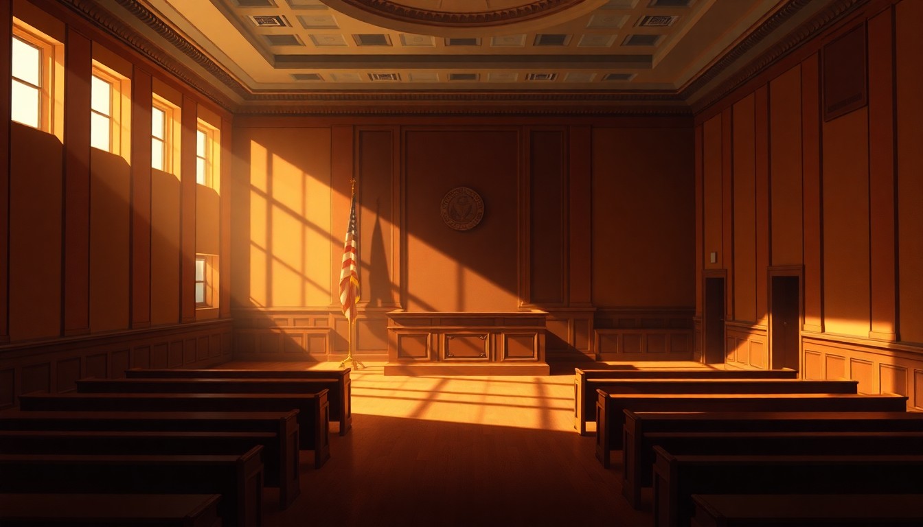 A dimly lit, cinematic painting of an empty municipal courtroom, with sunlight streaming in through tall windows and casting deep shadows across the wooden benches and ornate architecture, conveying a sense of the solemn and authoritative nature of the judicial process.