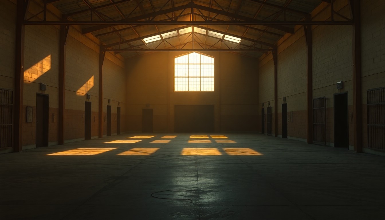 A serene, cinematic painting of an empty warehouse interior, with warm light streaming through high windows and deep shadows casting an unsettling mood, conceptually representing the complex tensions surrounding immigrant detention policies.