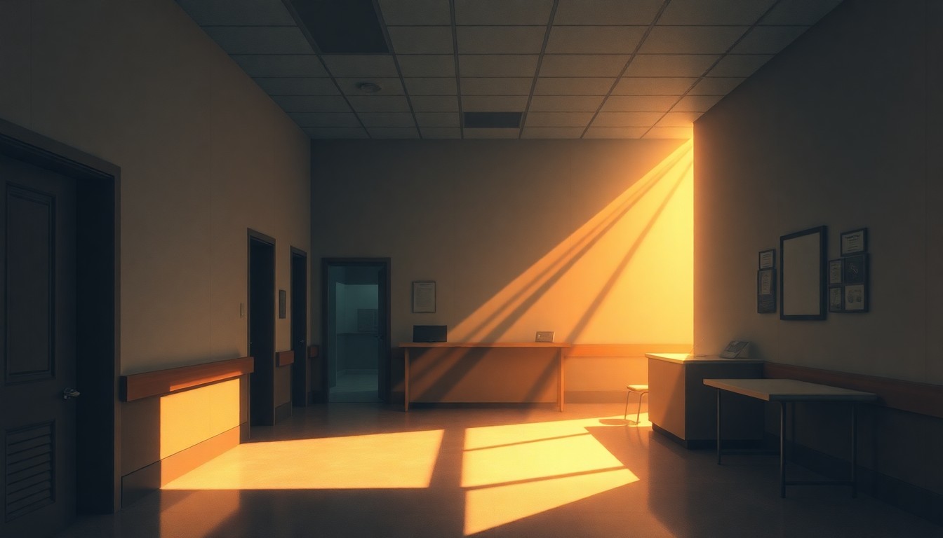 A dimly lit, cinematic painting of a hospital reception desk, with warm sunlight casting deep shadows across the surface, creating a sense of bureaucratic tension and unresolved conflict.