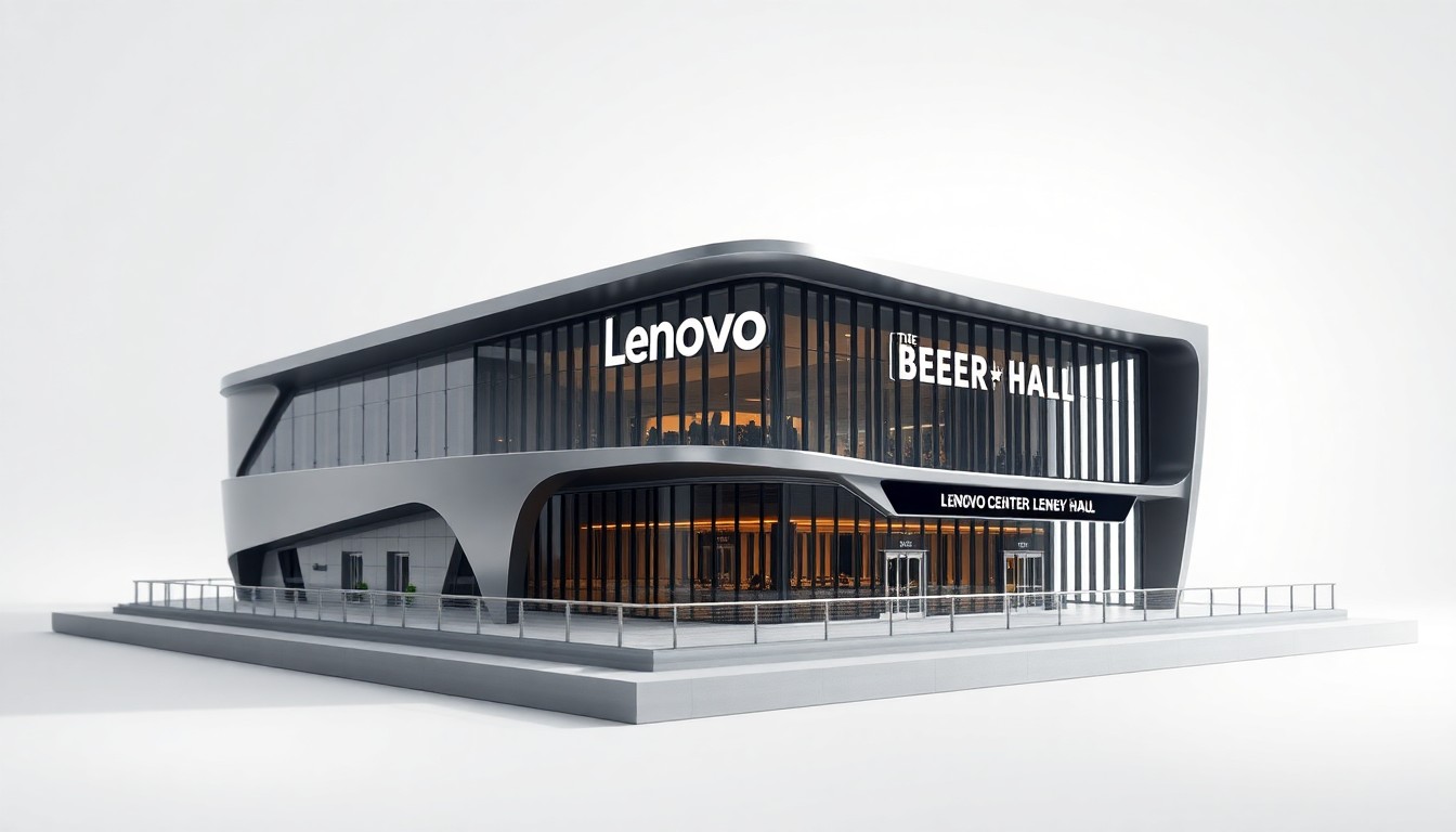 A photorealistic studio still life of a sleek, modern architectural model of the Lenovo Center's new beer hall, rendered in polished metal and glass materials and dramatically lit to highlight the venue's contemporary design.