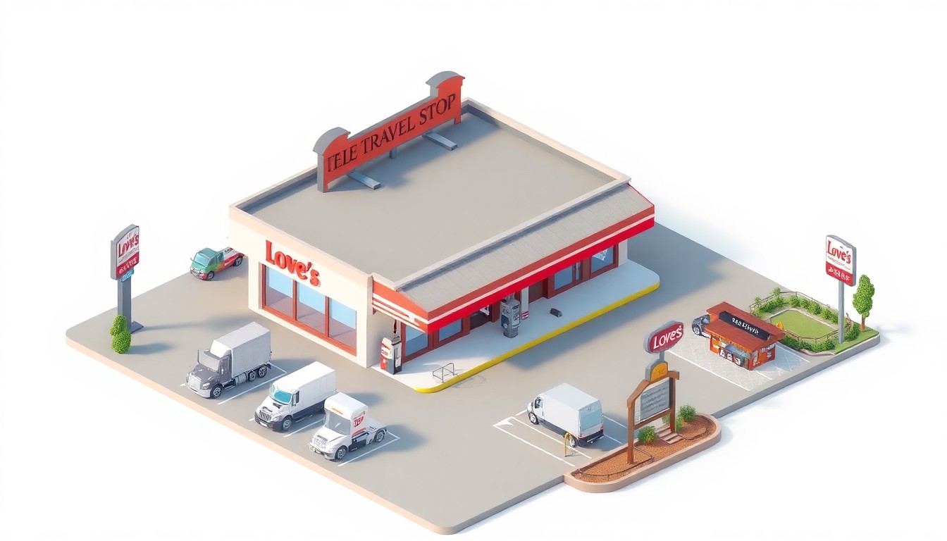 A stylized 3D digital illustration depicting the exterior of a Love's Travel Stop, featuring the store building, fuel pumps, truck parking spaces, and other facilities like a restaurant and dog park, all rendered in a clean, modern isometric view with soft pastel colors and bold geometric shapes.