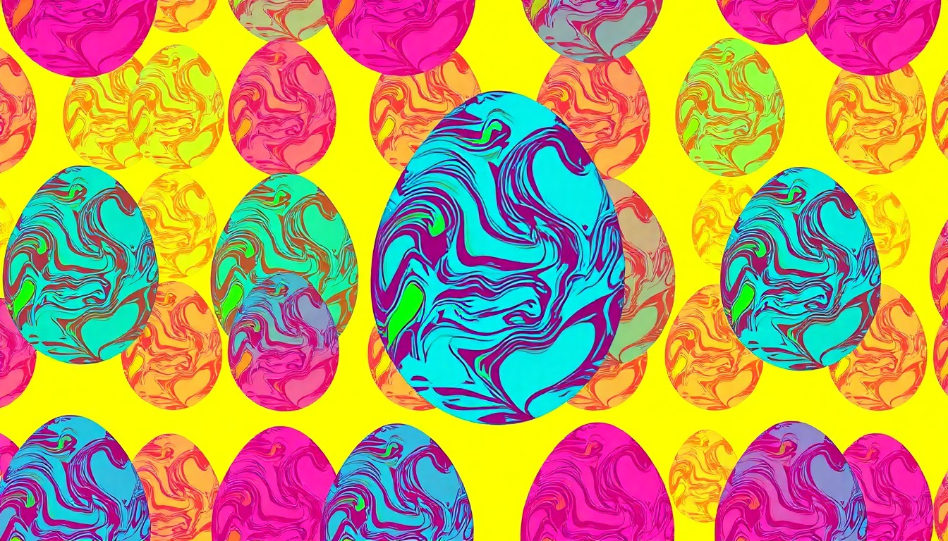 A grid of brightly colored, high-contrast silkscreen Easter eggs with vibrant, swirling marble patterns in neon shades of pink, blue, and yellow, conceptually representing a modern, creative spin on a beloved holiday craft.