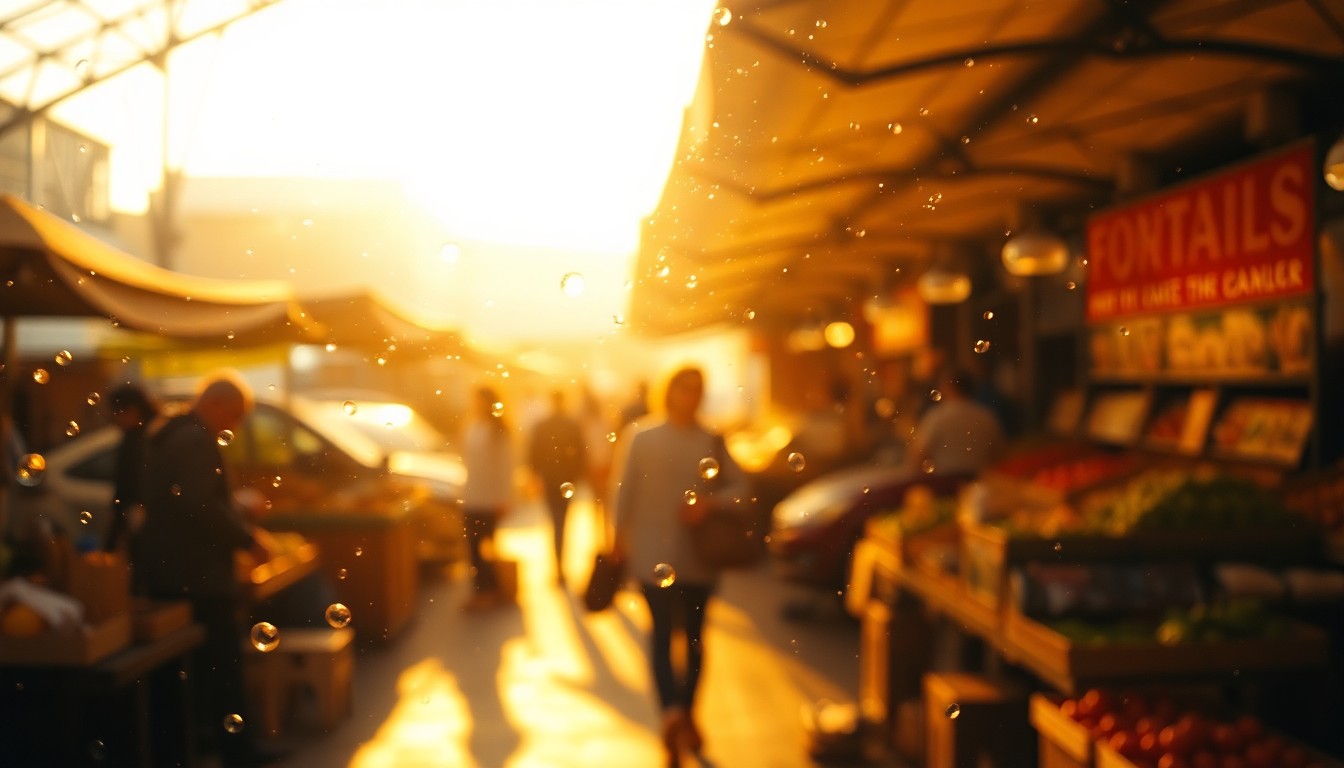 An abstract, impressionistic scene of a bustling farmers market, with blurred figures and stalls surrounded by warm, hazy light and muted, earthy tones, conveying the lively atmosphere and community spirit of the event.