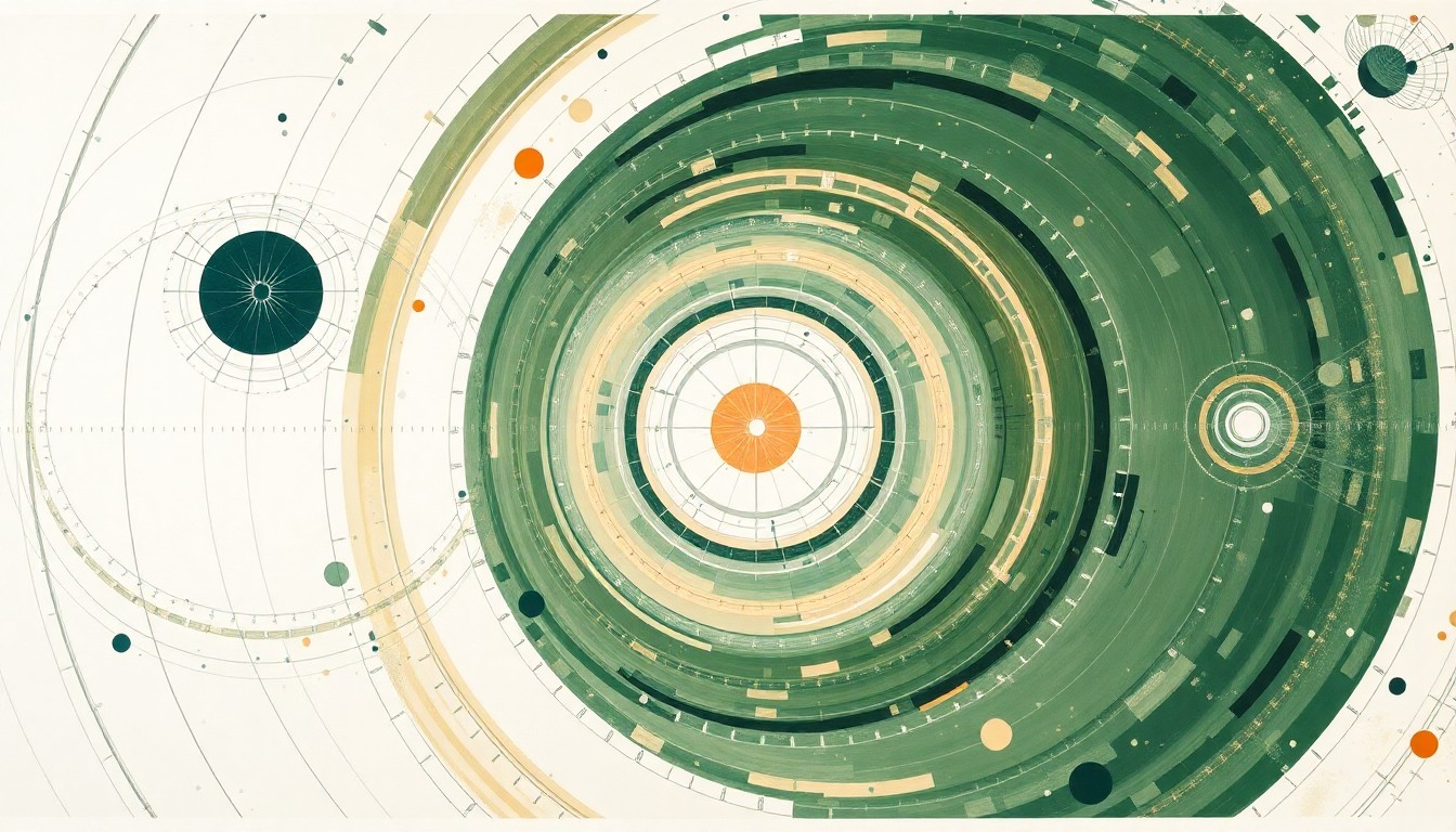 A bold, abstract painting featuring sweeping geometric arcs, concentric circles, and precise spirals in earthy tones of green, brown, and blue, conceptually representing the complex network of Moog's aerospace technologies that enable the Artemis II mission.