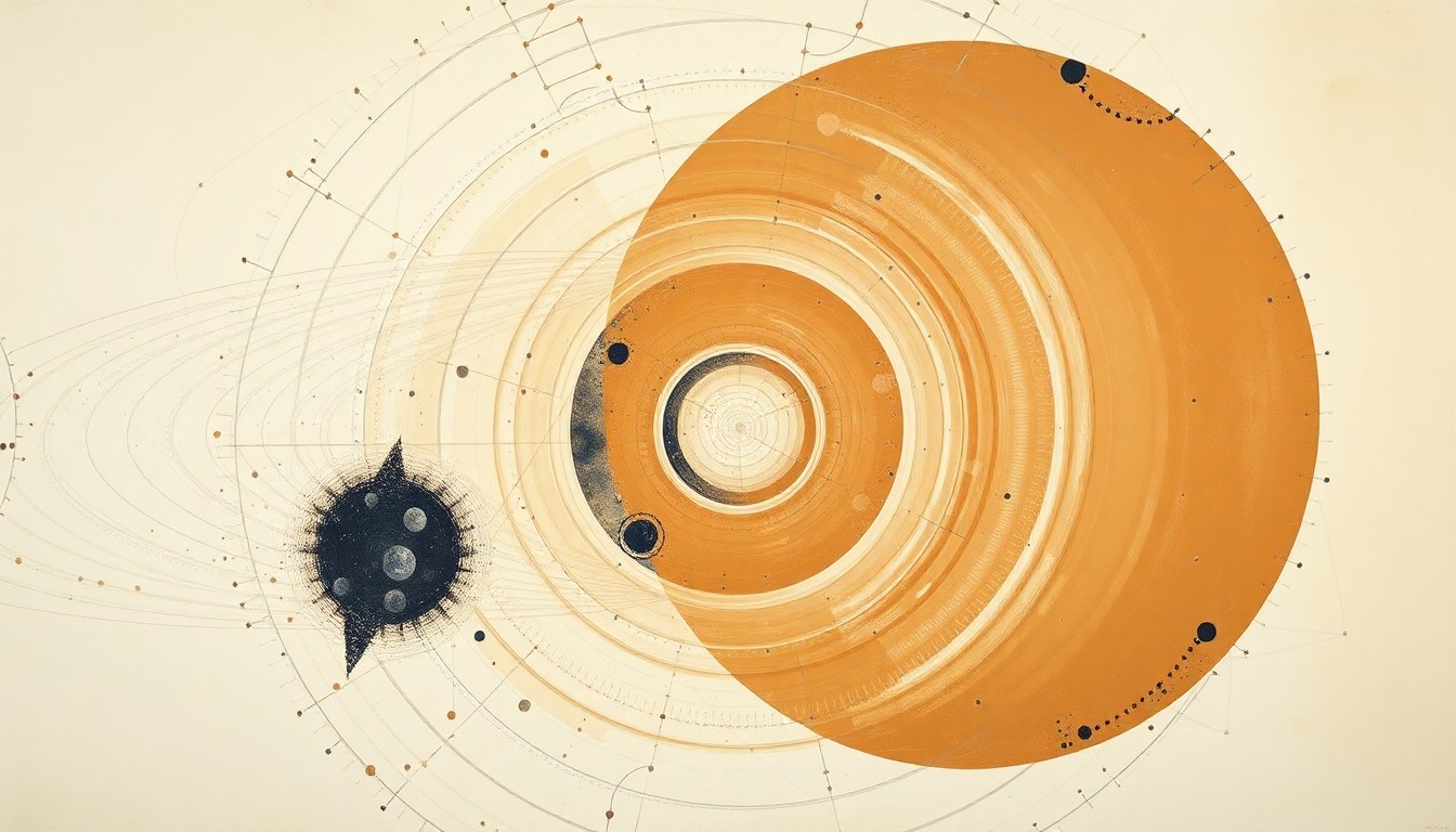 A bold, abstract painting in soft earth tones featuring sweeping geometric arcs, concentric circles, and precise spirals, conceptually representing the complex systems and forces involved in the Artemis II lunar mission.