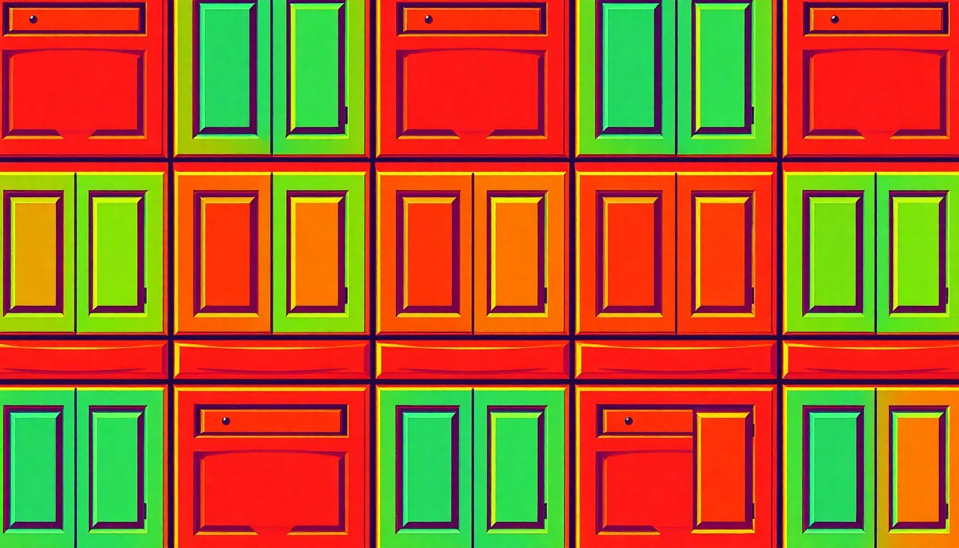 A vibrant, high-contrast silkscreen print of a single kitchen cabinet door in shades of bright blue, green, and orange, repeated in a grid pattern to create a bold, pop art-inspired visual representation of cabinet refacing.