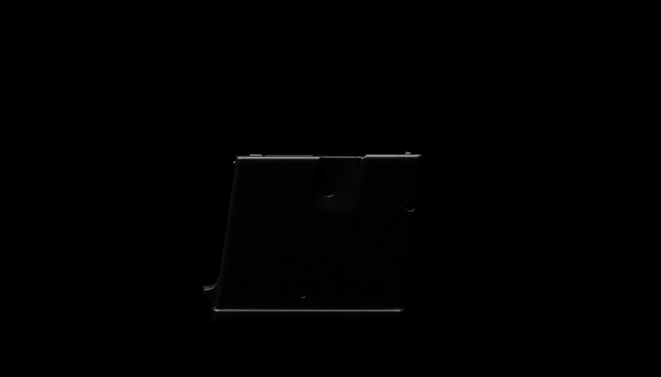 An extreme close-up photograph of a police-issued handgun magazine, the metal surface reflecting a harsh, direct flash of light against a pitch-black background, conceptually representing the stark, investigative nature of the report on the officer-involved shooting incident.