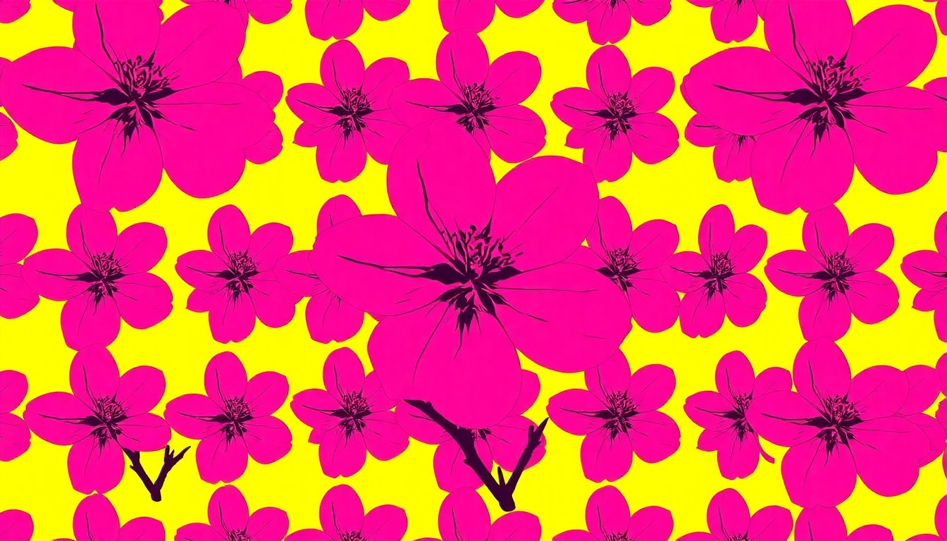 A brightly colored, high-contrast silkscreen print of a single, iconic cherry blossom flower repeated in a tight grid pattern, utilizing flat, vibrant, and unnatural neon color palettes overlapping with heavy black photographic outlines to turn the natural beauty of the cherry blossom into modern pop art.