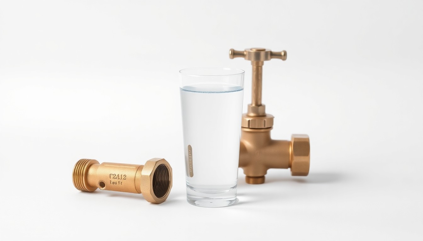 A photorealistic studio still-life image featuring a glass of clear water, a metal water pipe fitting, and a polished brass water valve, conceptually representing the core business and values of California Water Service Group.