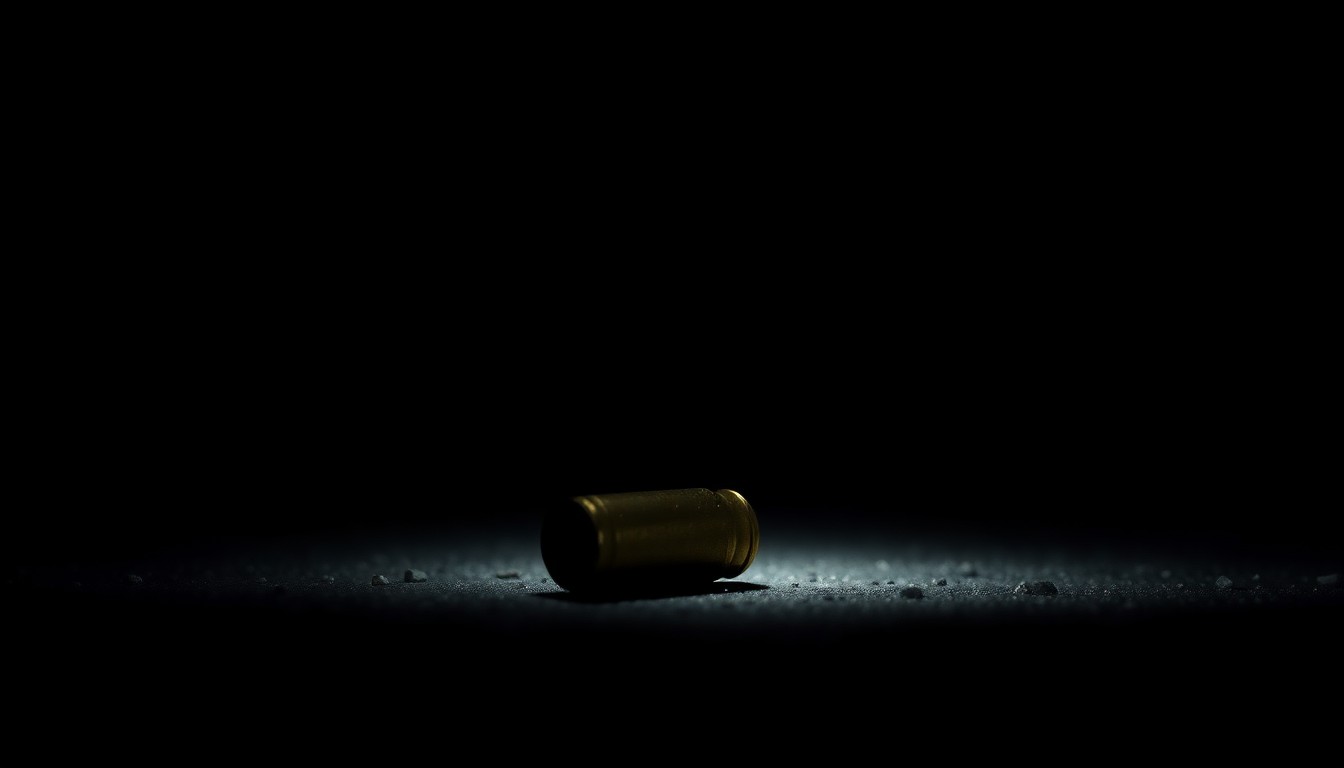 An extreme close-up photograph of a single spent bullet casing on the ground, lit by a harsh camera flash against a pitch-black background, conveying the gritty aftermath of a shooting incident.
