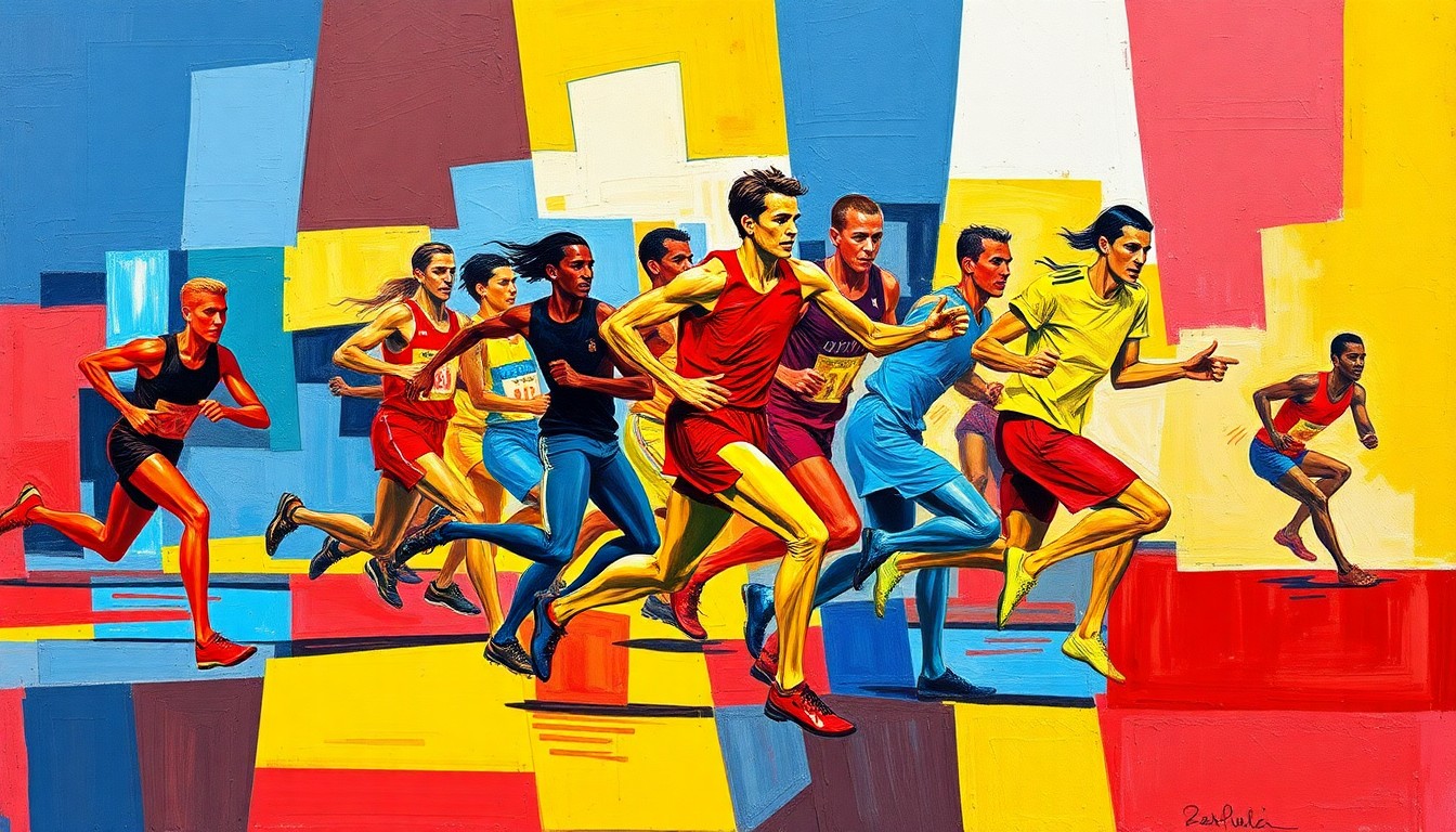 A fragmented, geometric painting depicting runners in motion, with sharp planes of color and overlapping perspectives conveying the competitive spirit of the race.