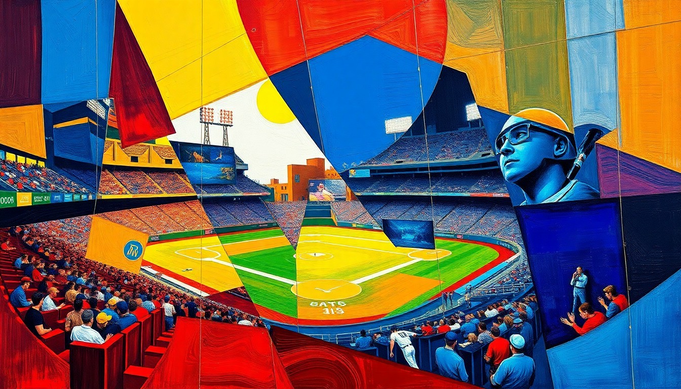 A fractured, geometric painting with overlapping planes of bright colors representing the action and movement of a baseball game.