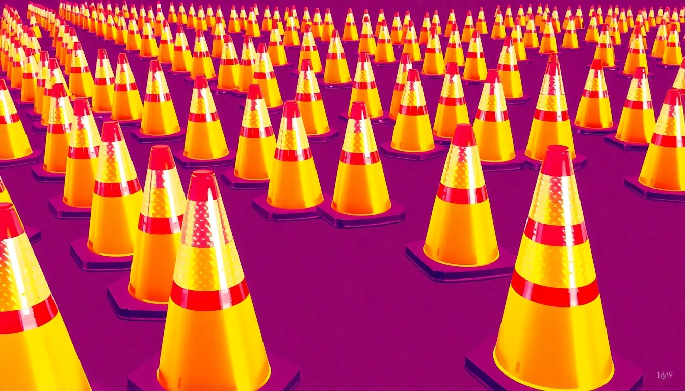 A bold, abstract pattern of repeating neon orange road construction cones and barricades, conveying the constant state of infrastructure work in a growing urban area.