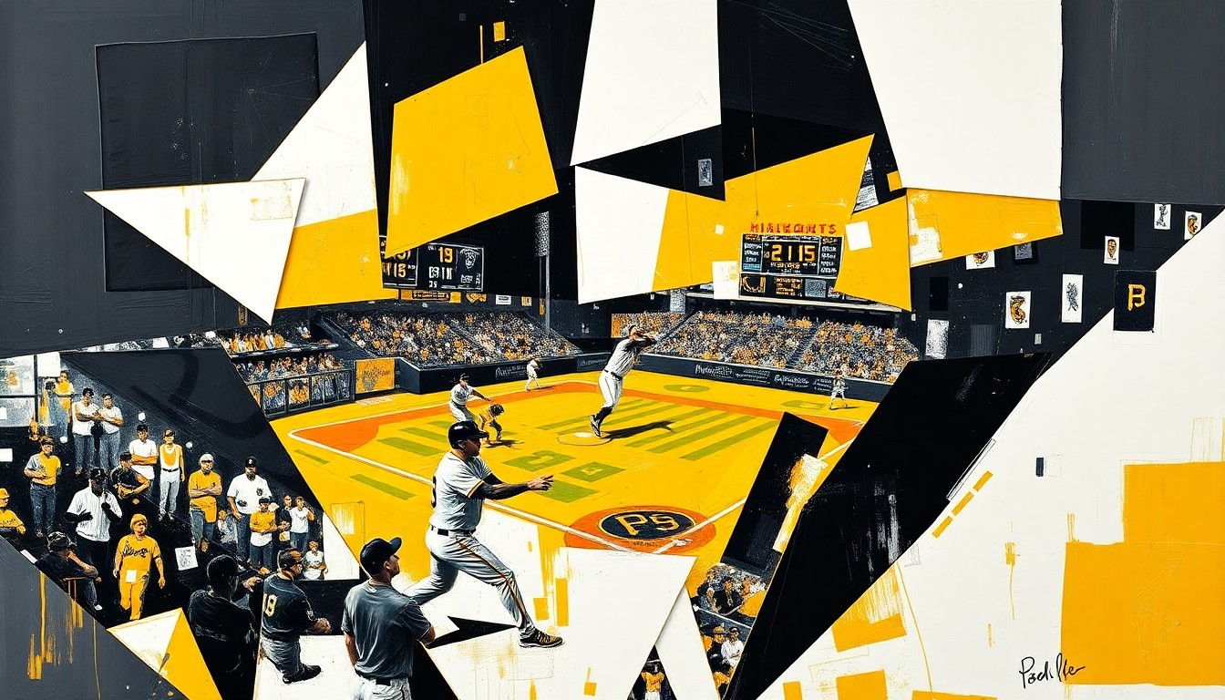 A cubist, geometric painting depicting a baseball player in motion, with the player's form fractured and abstracted into sharp, overlapping planes of black, gold, and white.