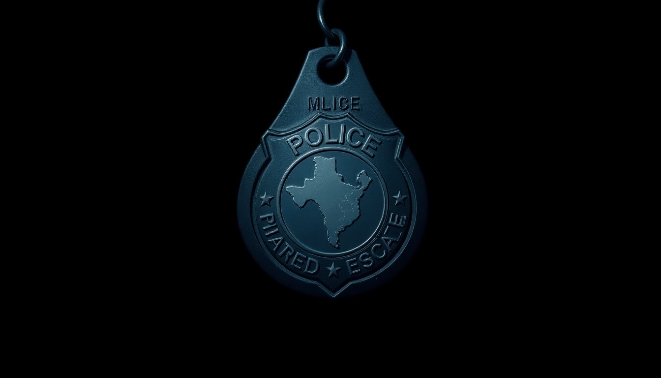 An extreme close-up photograph of a police badge or handcuff, lit by a harsh, direct camera flash against a pitch-black background, creating a stark, gritty, investigative aesthetic.