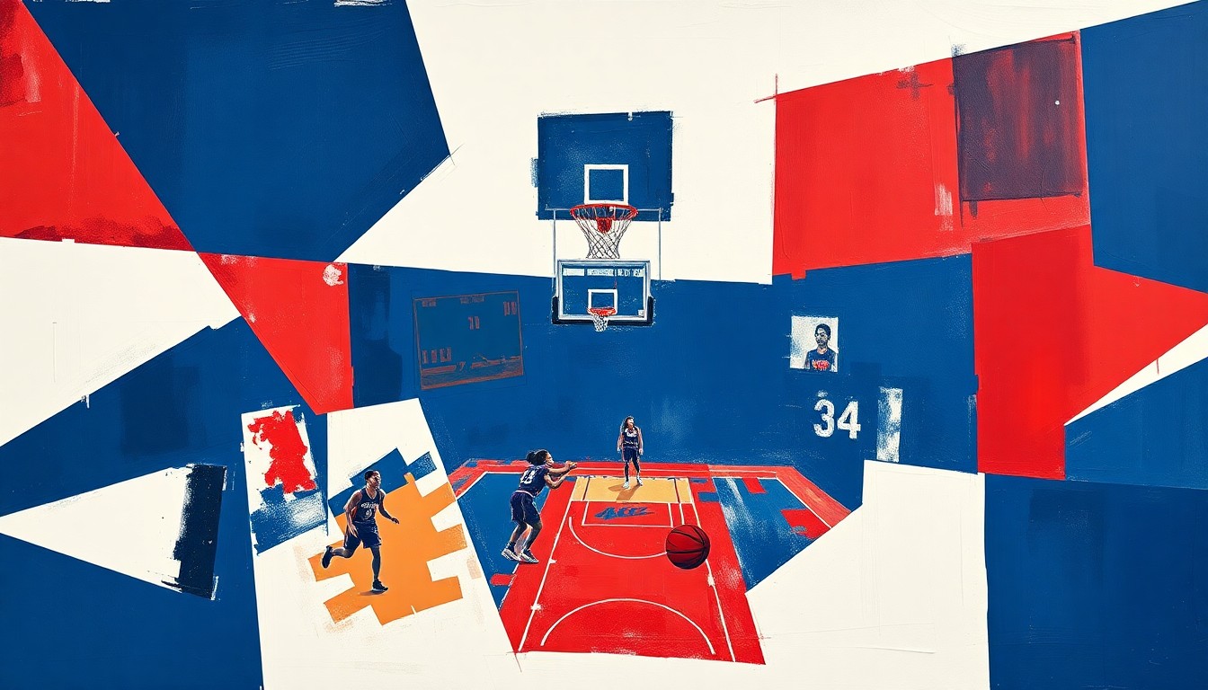 A cubist, geometric painting depicting the dynamic action and competing forces of a women's basketball game, with sharp, overlapping shapes and planes in navy, red, and white.