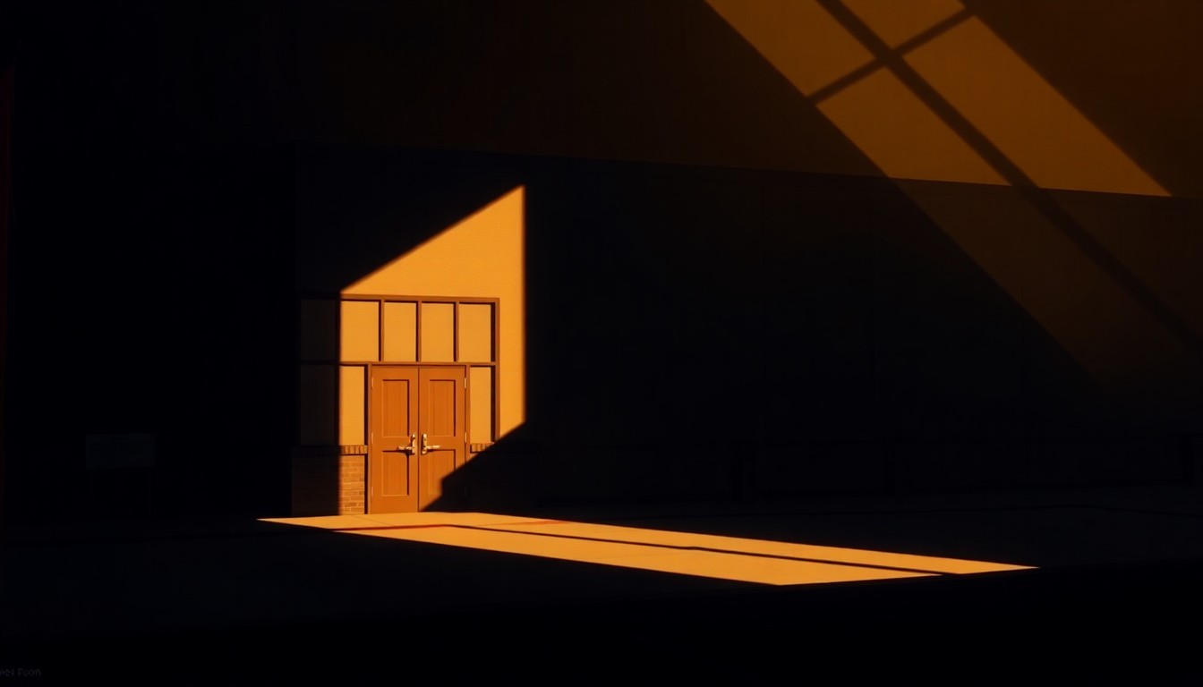 A serene, nostalgic painting of a government building or community center in Clermont County, Ohio, with warm lighting and deep shadows creating a contemplative mood.