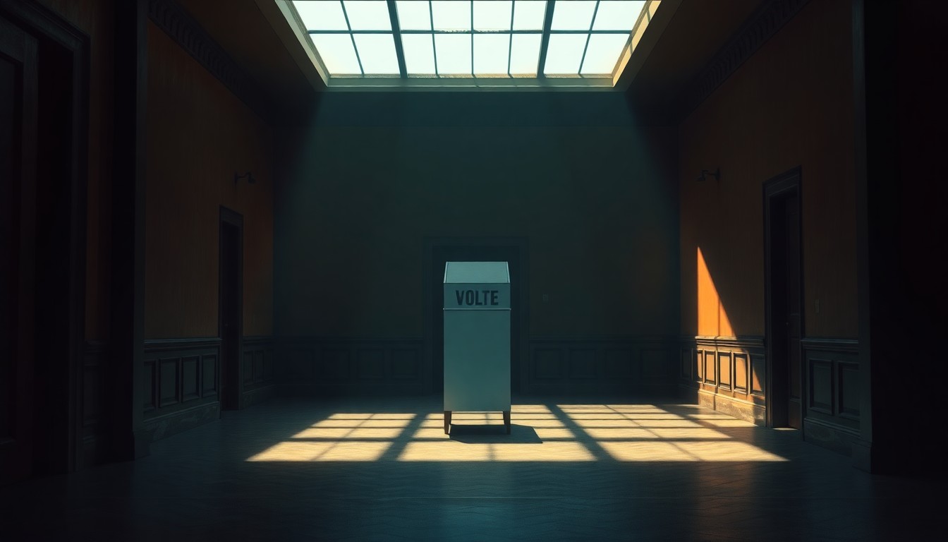 A dimly lit, cinematic painting of a solitary ballot box or voting booth in a municipal building, with warm diagonal sunlight and deep shadows creating a contemplative, nostalgic mood around the act of voting.