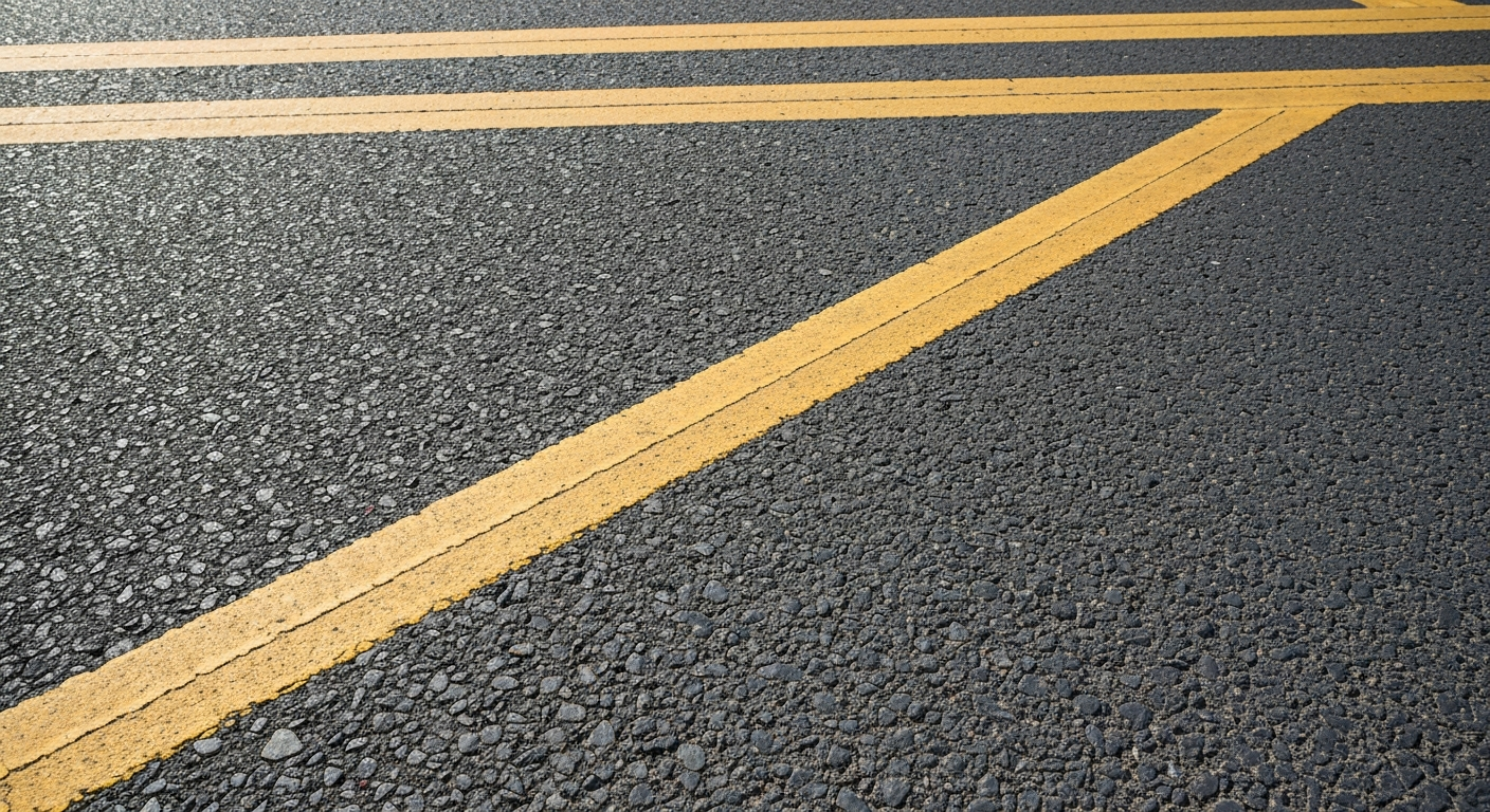 An extreme close-up of the rough, pebbled surface of a road intersection, with faint yellow lane markings visible, conveying the need for infrastructure improvements to enhance safety.
