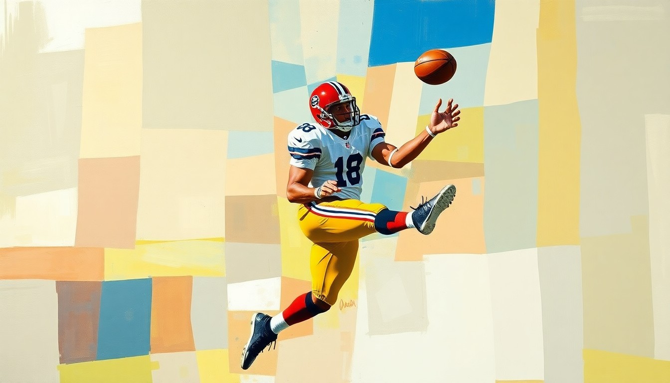 A fragmented, geometric painting depicting the abstract motion and energy of a football player making a catch, conveying the conceptual idea of adding a new receiving threat to the Bills' offense.