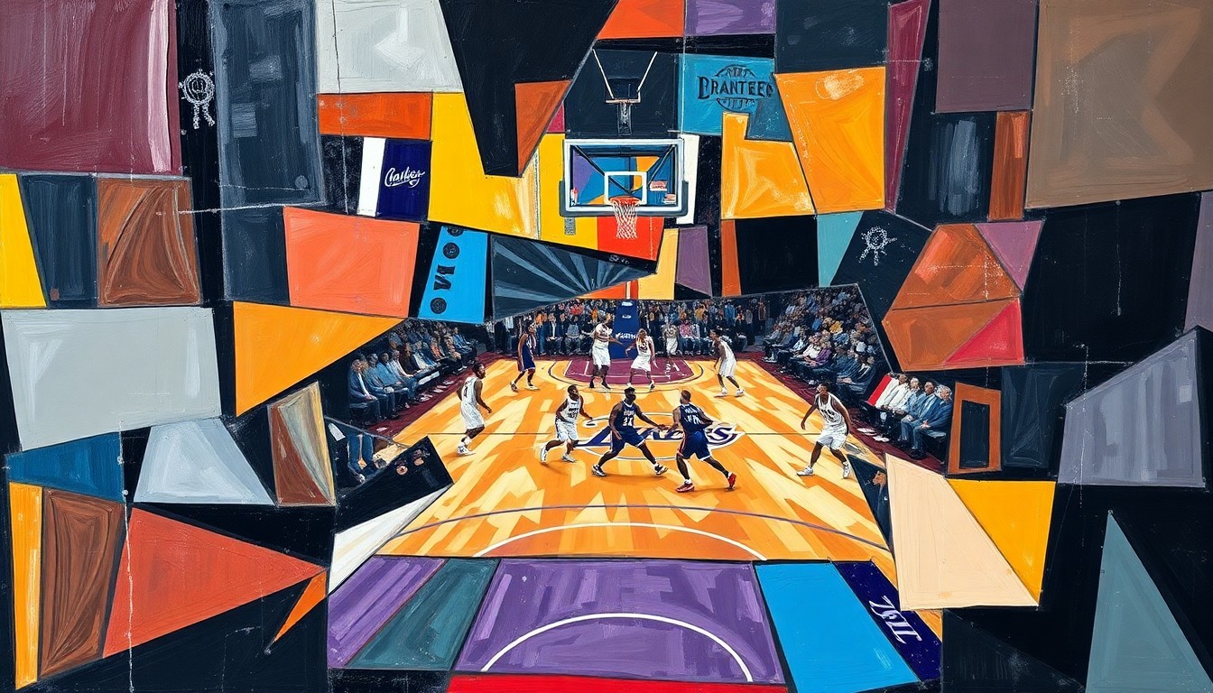 A fractured, cubist-style painting depicting the dynamic action of a basketball game between the Oklahoma City Thunder and Los Angeles Lakers, with the players' movements and the court's lines abstracted into sharp, overlapping geometric shapes and planes.