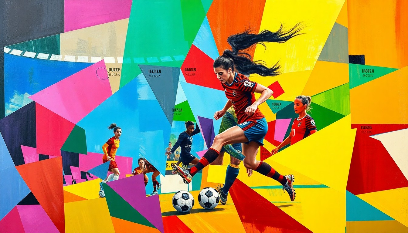 A cubist-style painting depicting the dynamic action of a women's soccer match, with players and the ball fragmented into overlapping geometric shapes in a vibrant color palette.