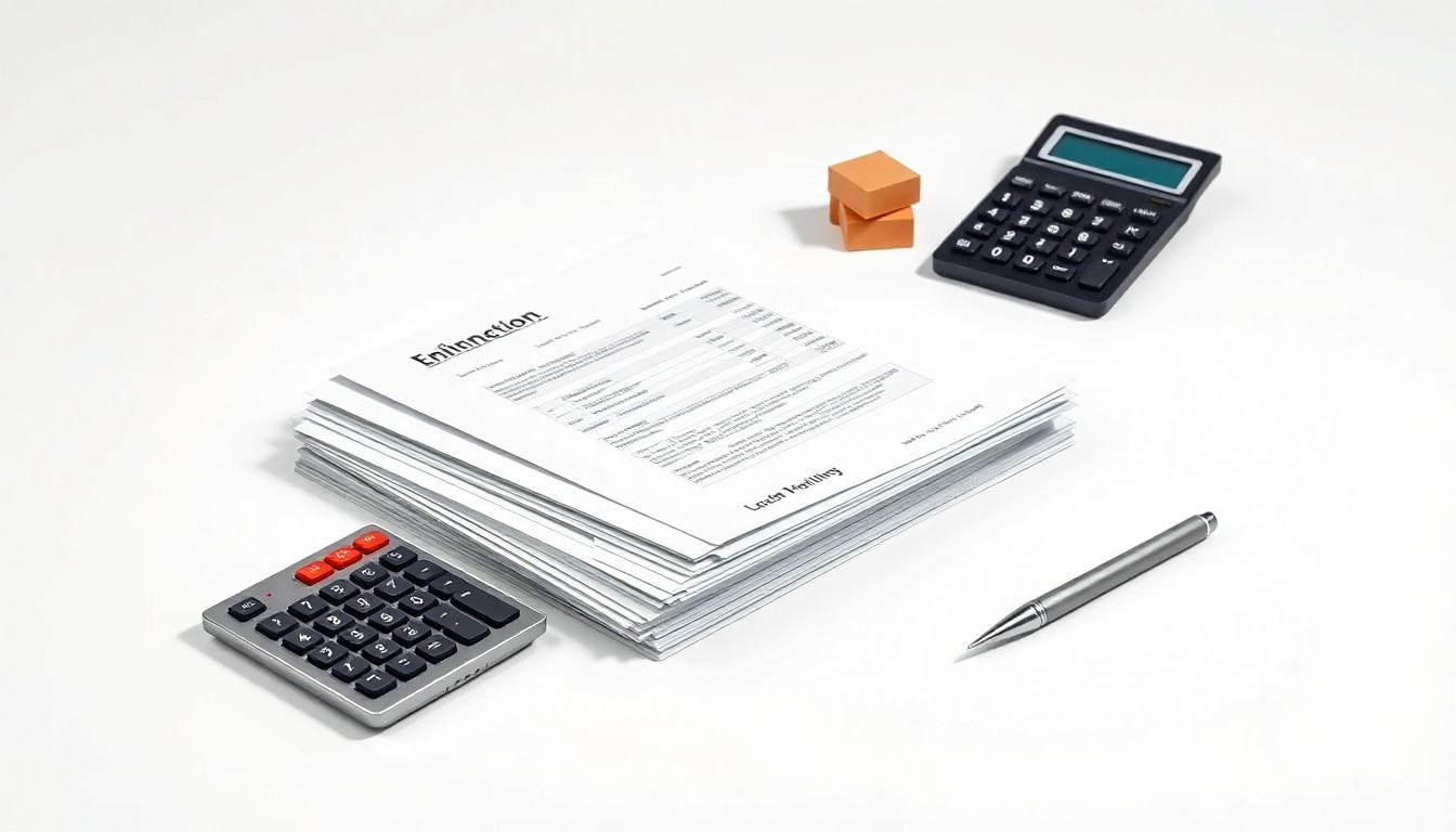 A photorealistic studio still life featuring a stack of financial documents, a calculator, and a pen arranged elegantly on a clean white background, conceptually representing the abstract corporate strategy and finance issues at the heart of an ESOP valuation dispute.