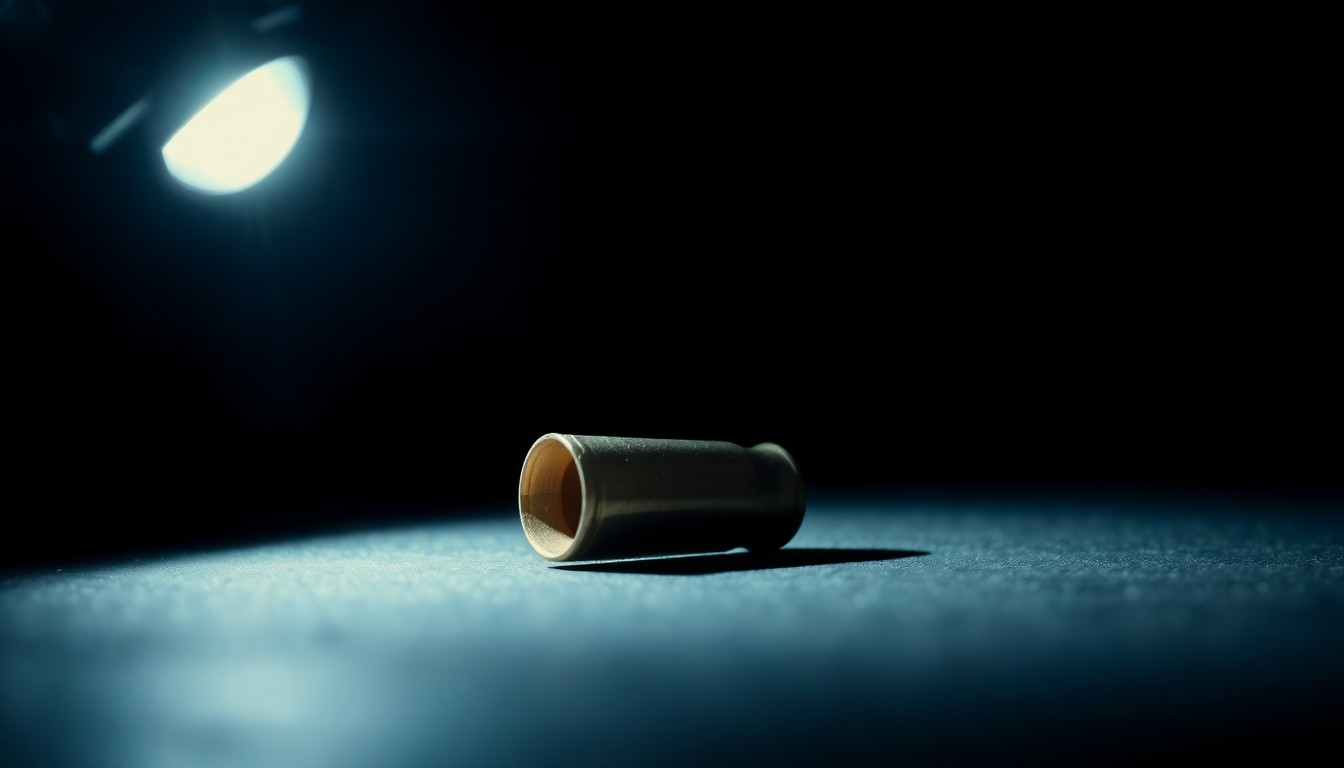 An extreme close-up photograph of a small, metallic object reflecting harsh, direct light, conceptually representing physical evidence from a police shooting incident.