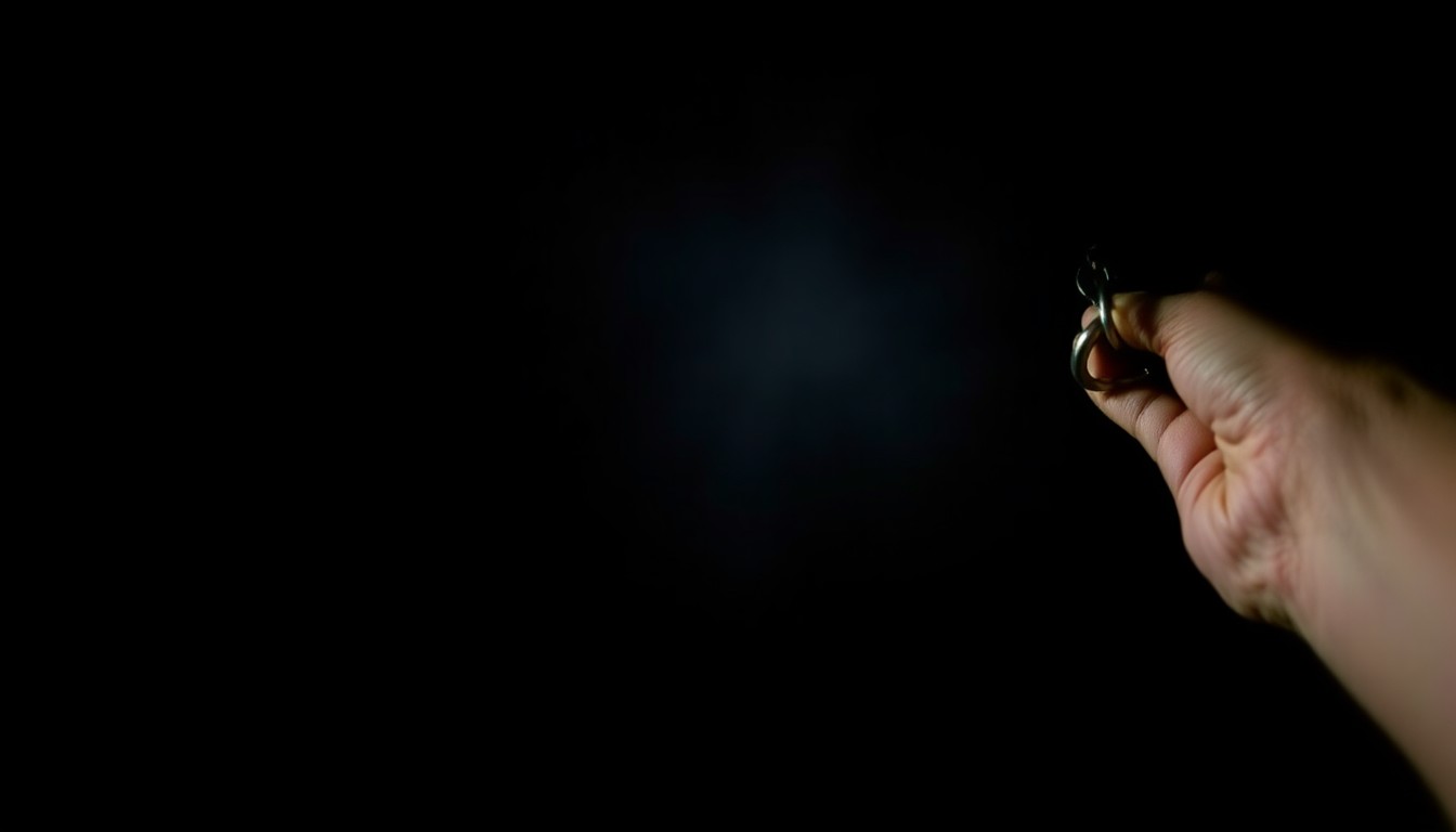 An extreme close-up photograph of a single handcuff against a pitch-black background, lit by a harsh, direct camera flash, conveying a stark, gritty, investigative mood about a violent crime.