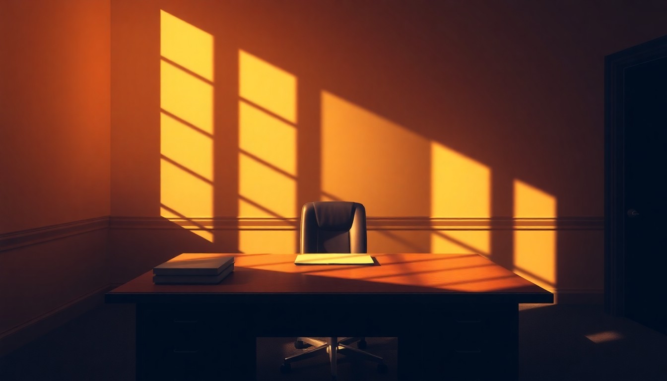 A dimly lit government office desk with a single desk lamp casting long shadows, evoking a sense of bureaucratic isolation and unresolved tension.