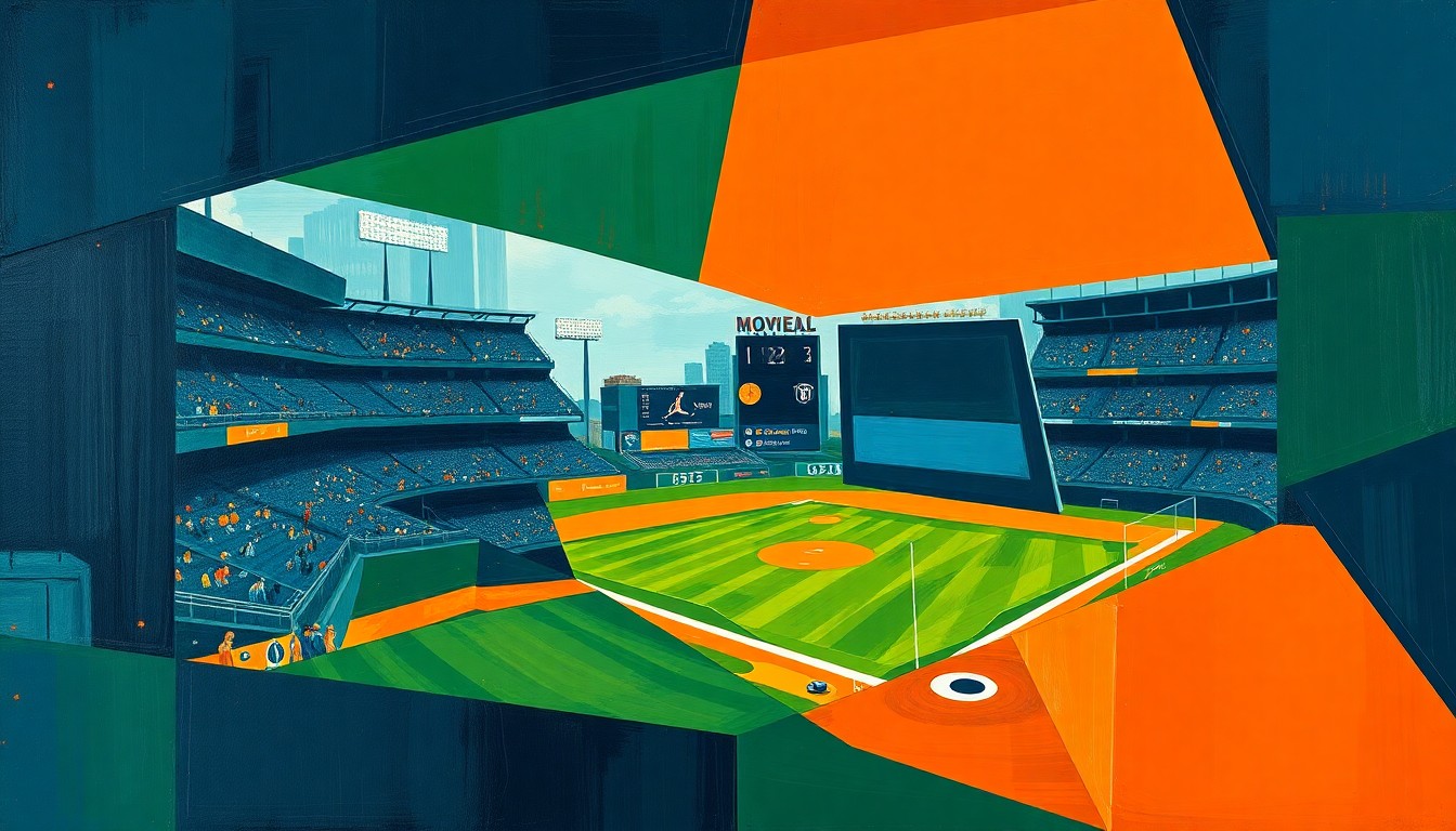 A fractured, geometric painting depicting a baseball game or match, with sharp, overlapping planes in navy blue, forest green, and burnt orange, conveying the conceptual conflict between culturally insensitive language and the need for inclusive sports media.
