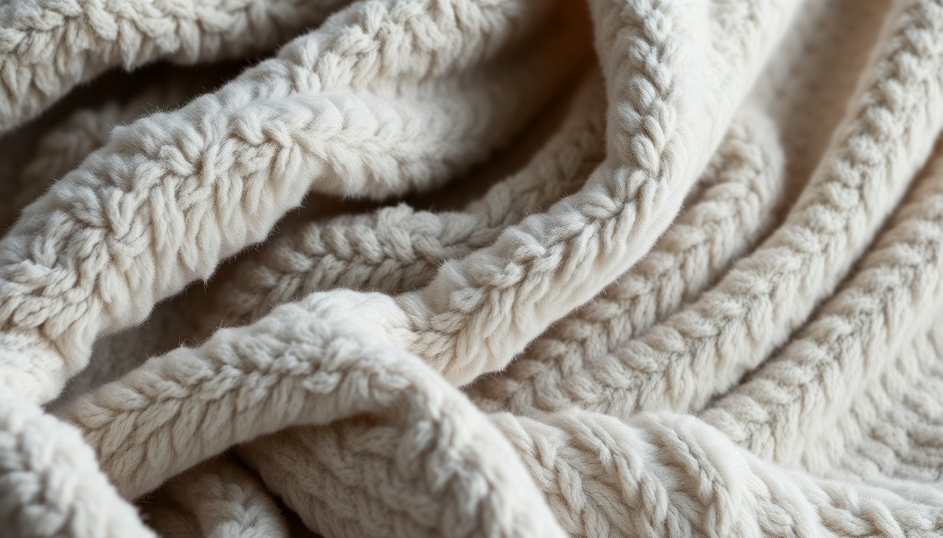 An extreme close-up photograph of a soft, plush baby blanket in shades of gray and cream, with dramatic lighting creating a sense of warmth and intimacy.