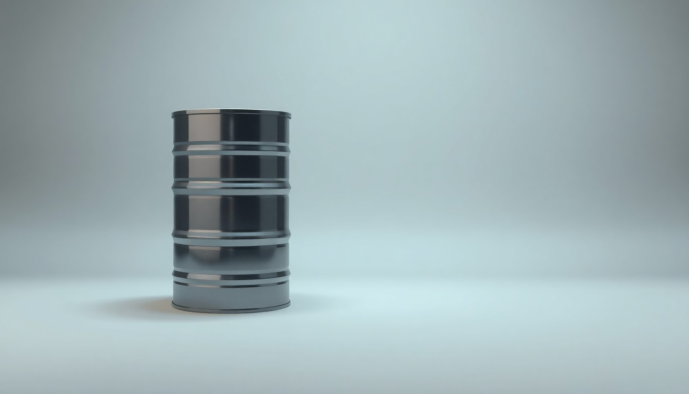 A photorealistic studio still-life photograph featuring a single, polished metal oil barrel in a dramatic spotlight, floating on a clean, monochromatic background, symbolizing the uncertainty and volatility of global oil markets amidst the ongoing Iran conflict.