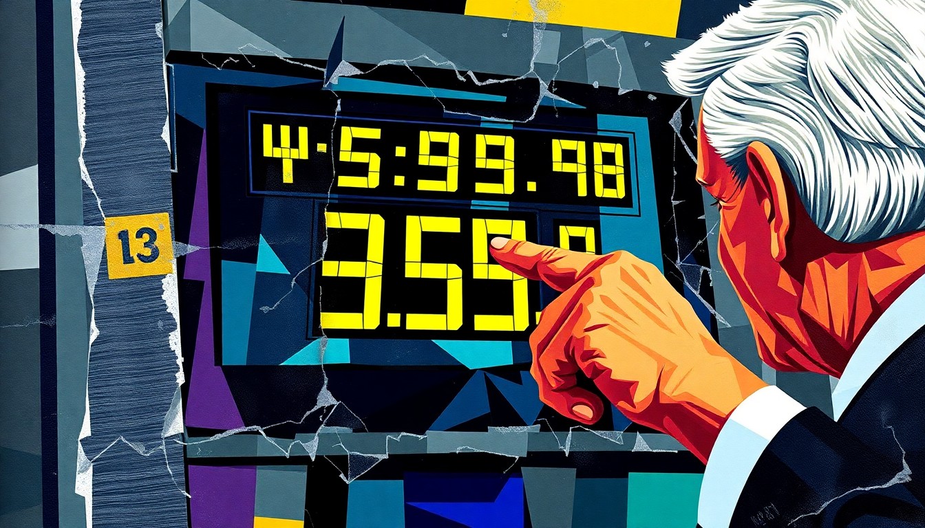 A dynamic, fractured painting of a gas pump display showing high fuel prices, with the former President's finger pointing at the price in an overlapping, geometric style.
