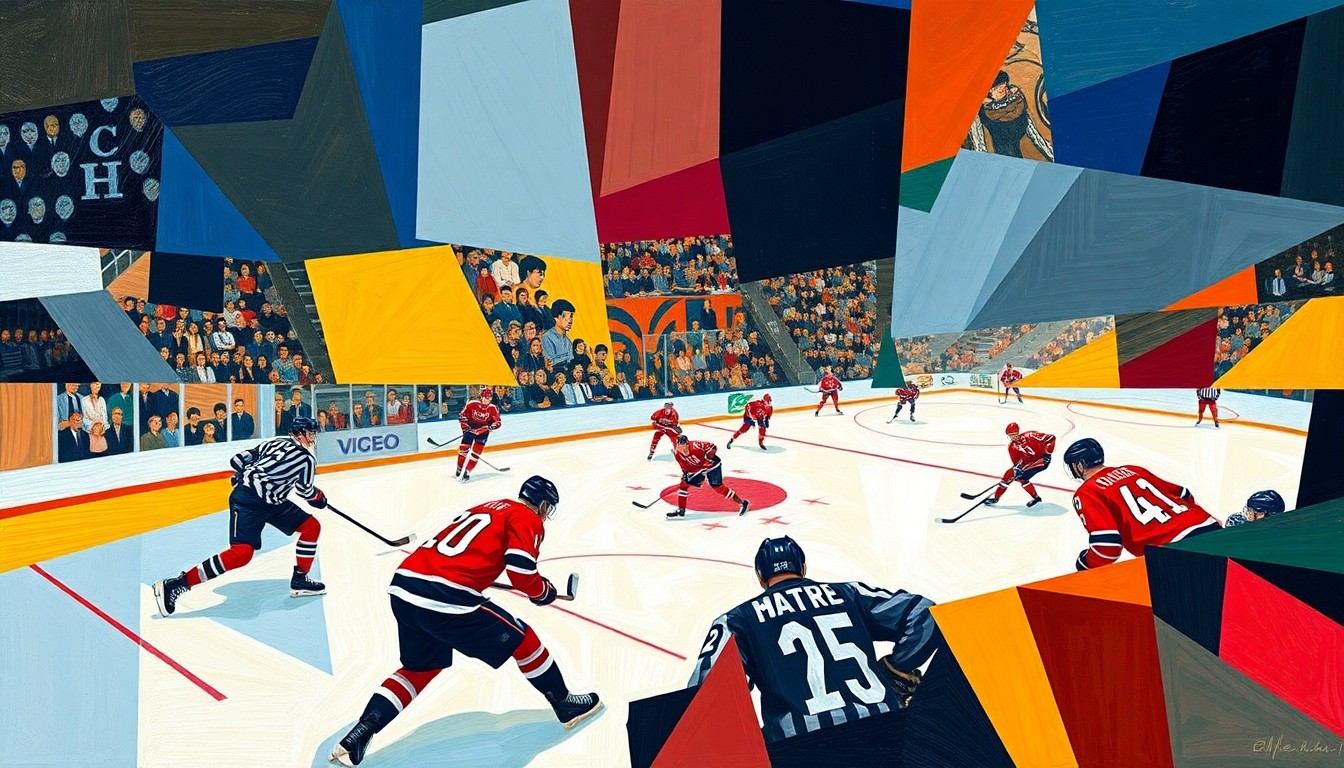 A cubist, geometric painting depicting the action of a college hockey game, with sharp, overlapping planes of color representing the players and the movement of the puck on the ice.