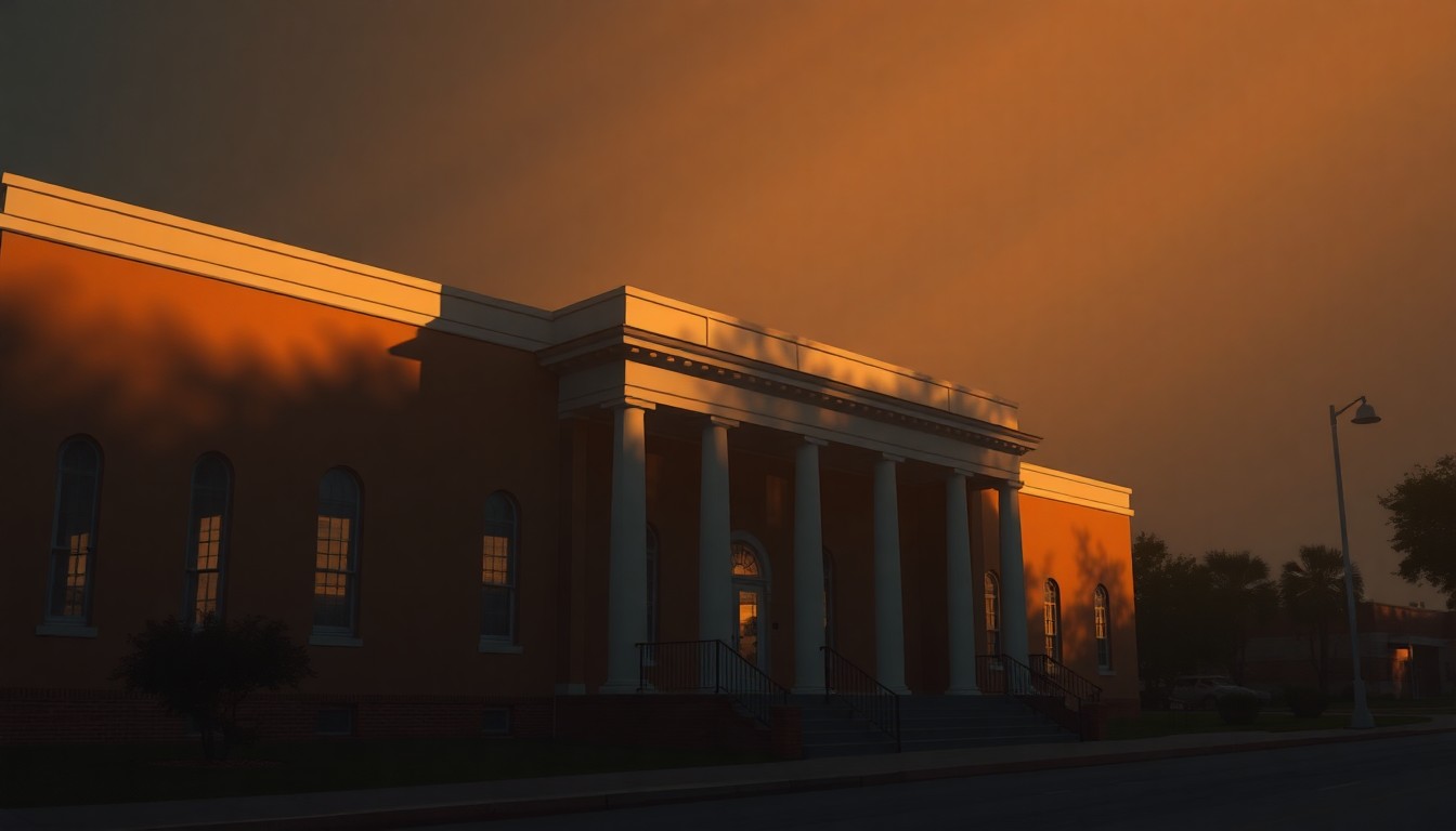 A serene, nostalgic painting of the Avoyelles Parish Courthouse in Marksville, Louisiana, with the building's facade bathed in warm, golden sunlight and deep shadows, conceptually representing the importance of local government and voter participation.