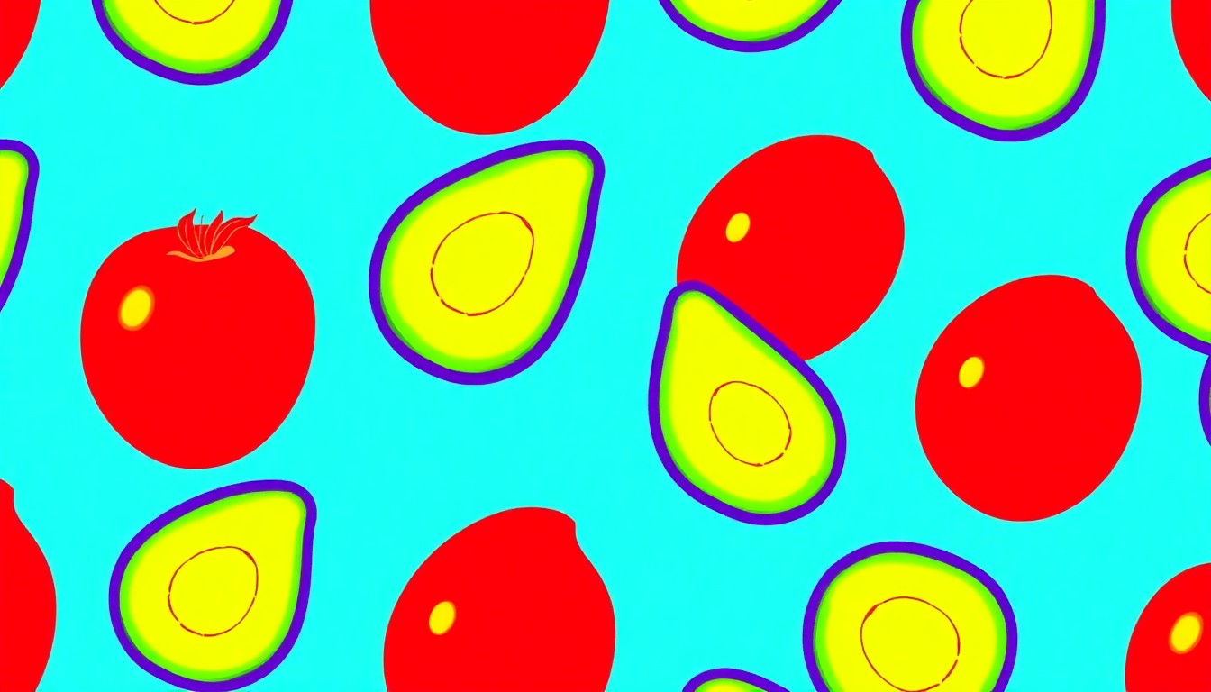 A high-contrast, silkscreen-style illustration of a single, iconic salad ingredient like a tomato or piece of lettuce repeated in a vibrant, neon-colored grid, conceptually representing the popularity of Tillie Marie's salads in the Killeen community.